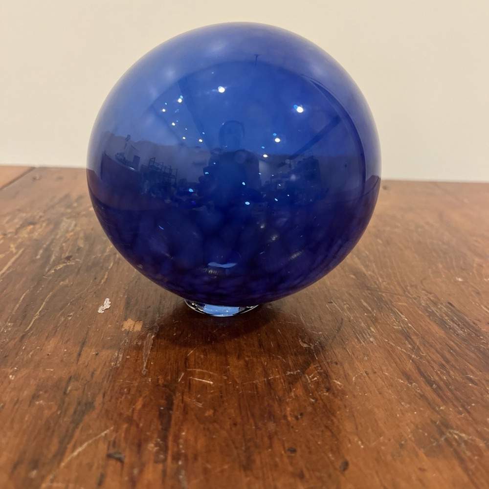M Smith 2001 Iridescent Orb Blown Art Glass Float 4-1/2" Signed by Artist Blue